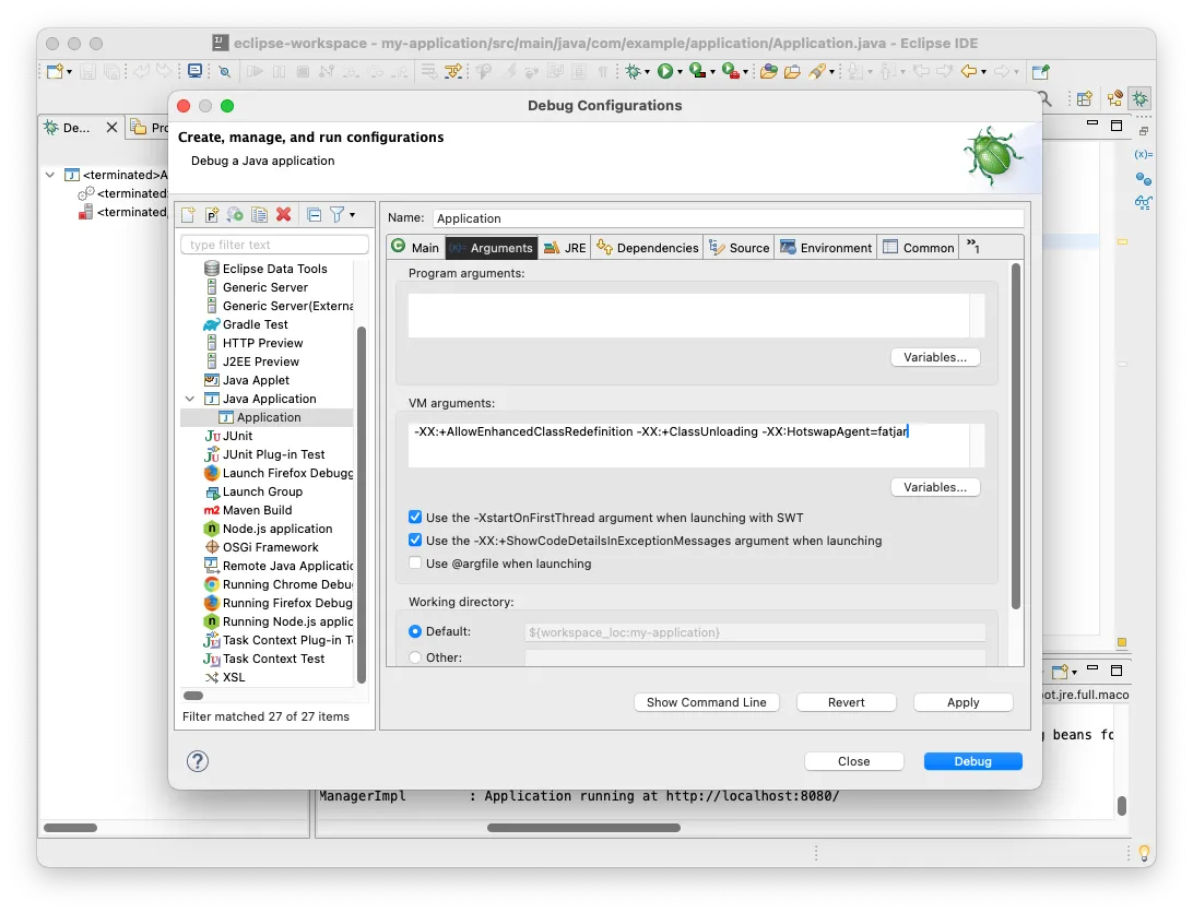 Eclipse IDE debug configurations window with the Arguments tab selected