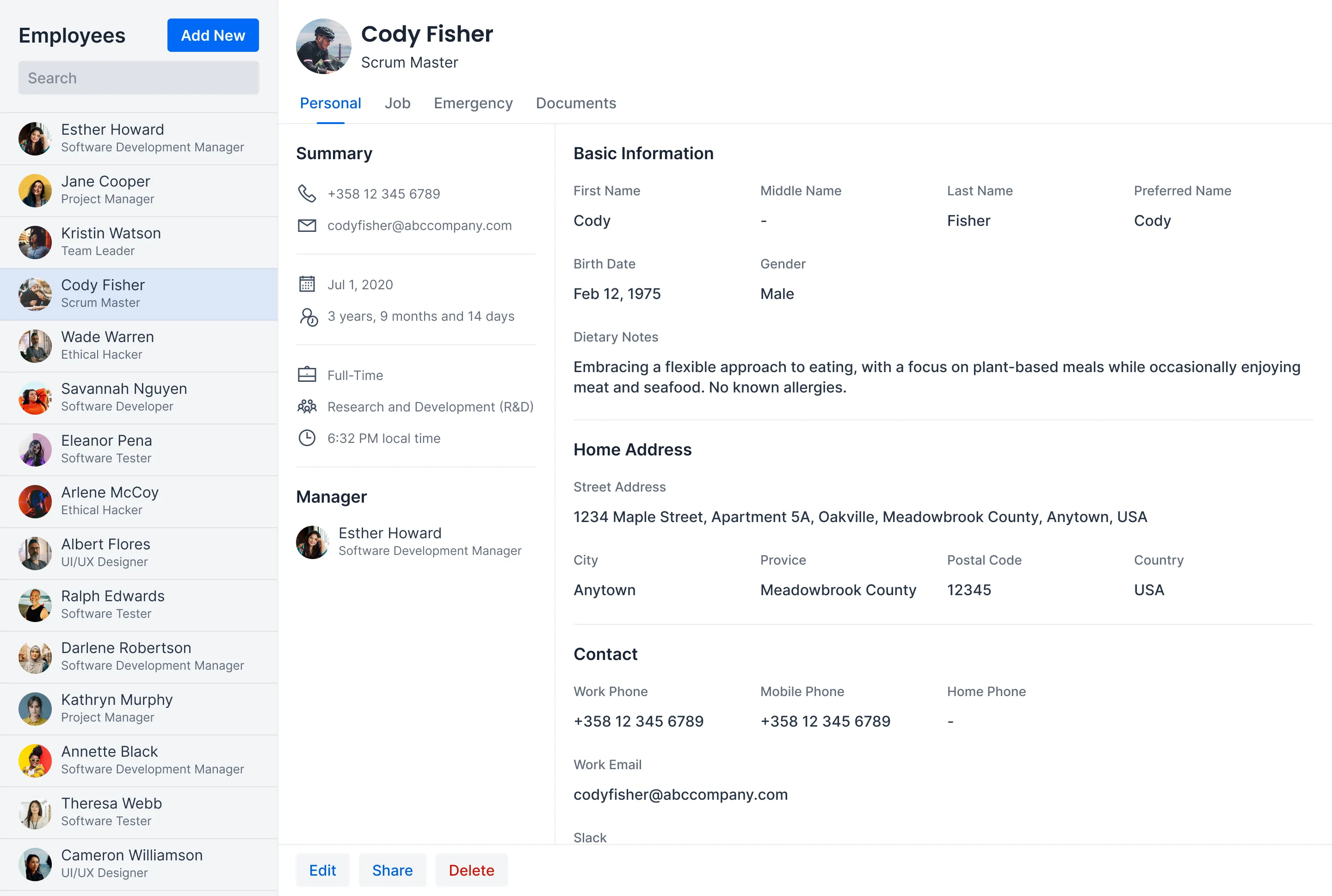 A mock-up of a master-detail view showing a list of employees on the left and details of the selected employee on the right